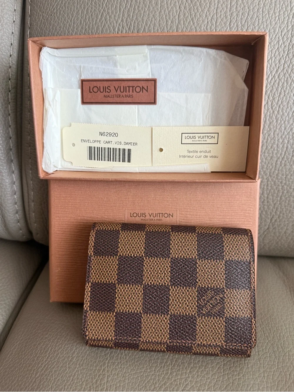 Louis Vuitton Enveloppe Carte De Visite Cardholder (Model 62920) in Damier Ebene